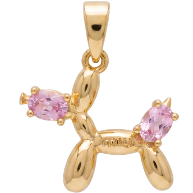 Pink brass balloon dog charm pendant with jump ring shown on light neutral surface