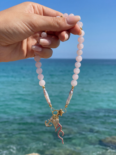 Pink Quartz Natural Gemstone Beaded Pearl Necklace - PRASINOUS, in close-up, showing the material and detail