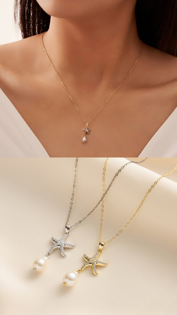 Starfish pearl necklaces displayed in gold and silver on the shell