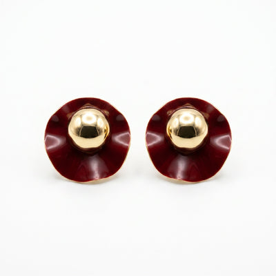 Scarlet Bloom brass disc stud earrings in burgundy with concentric bull's eye pattern
