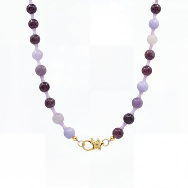 Mulberry beaded gemstone necklace in chalcedony and fluorite with carabiner clasp purple organic pattern