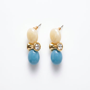 Pair of drop earrings with cream oval bead, gold crystal connector, and blue oval bead