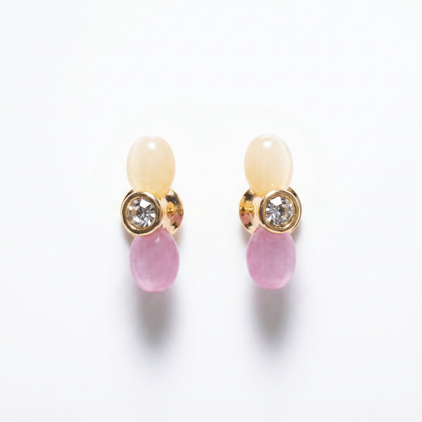 Sea glass pink crystal bead drop earrings in warm gold brass lifestyle shot