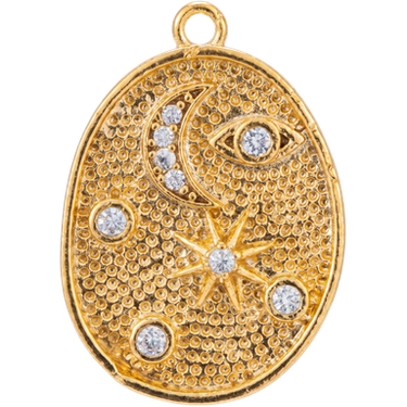 Gold plated talisman universe charm pendant with zircon accents on white background