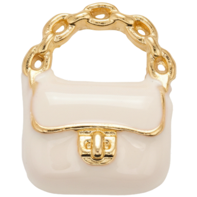 White enamel bag charm pendant with gold-toned loop on white background